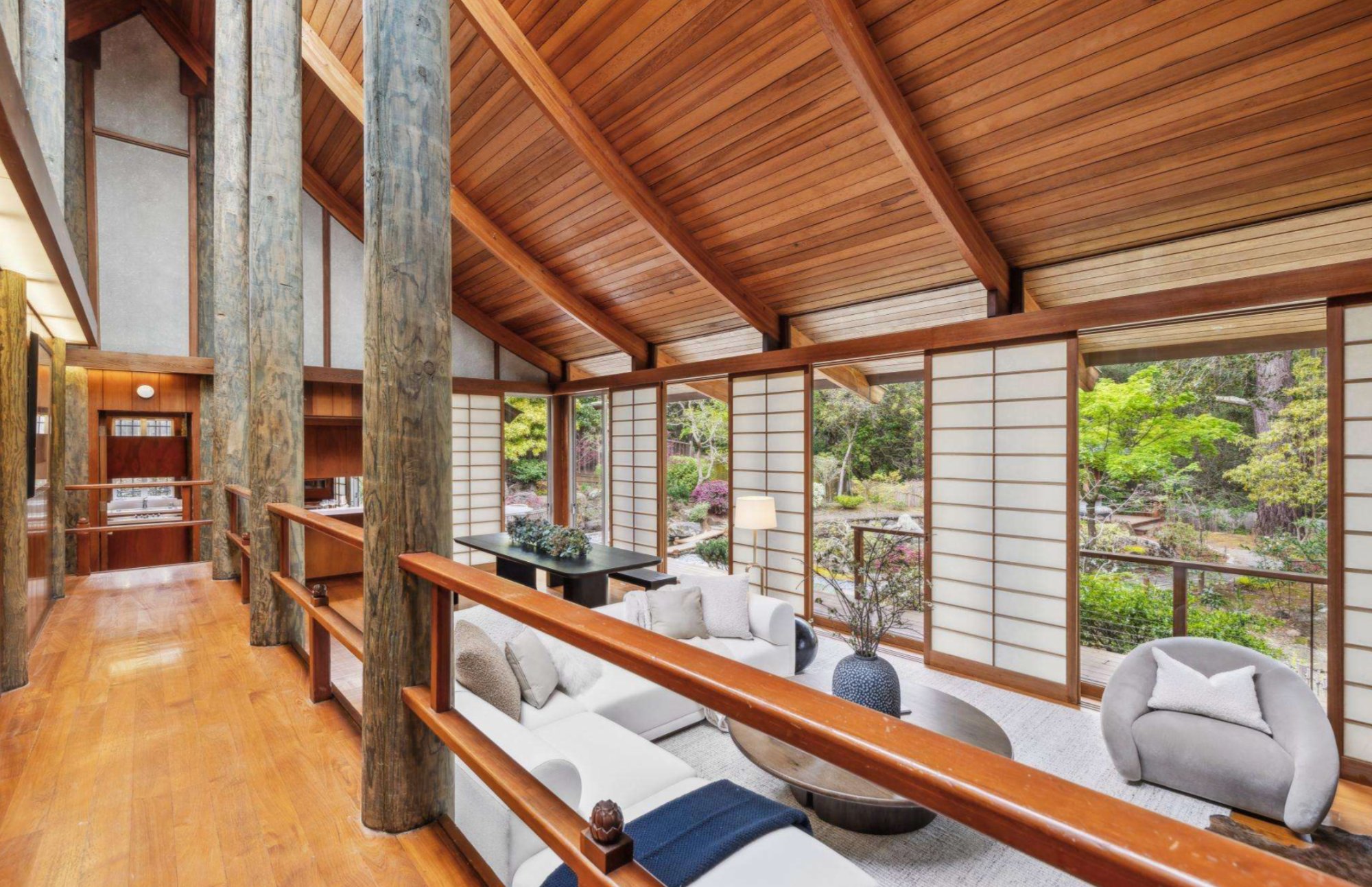 293 Elysian Fields Drive — Great room from upper gallery overlooking shoji screens and gardens